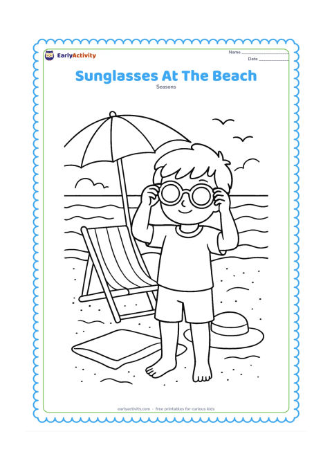 Colouring page: A child adjusts round sunglasses while standing near a beach chair, towel and sunhat, with layered waves, a parasol and distant seabirds behind.