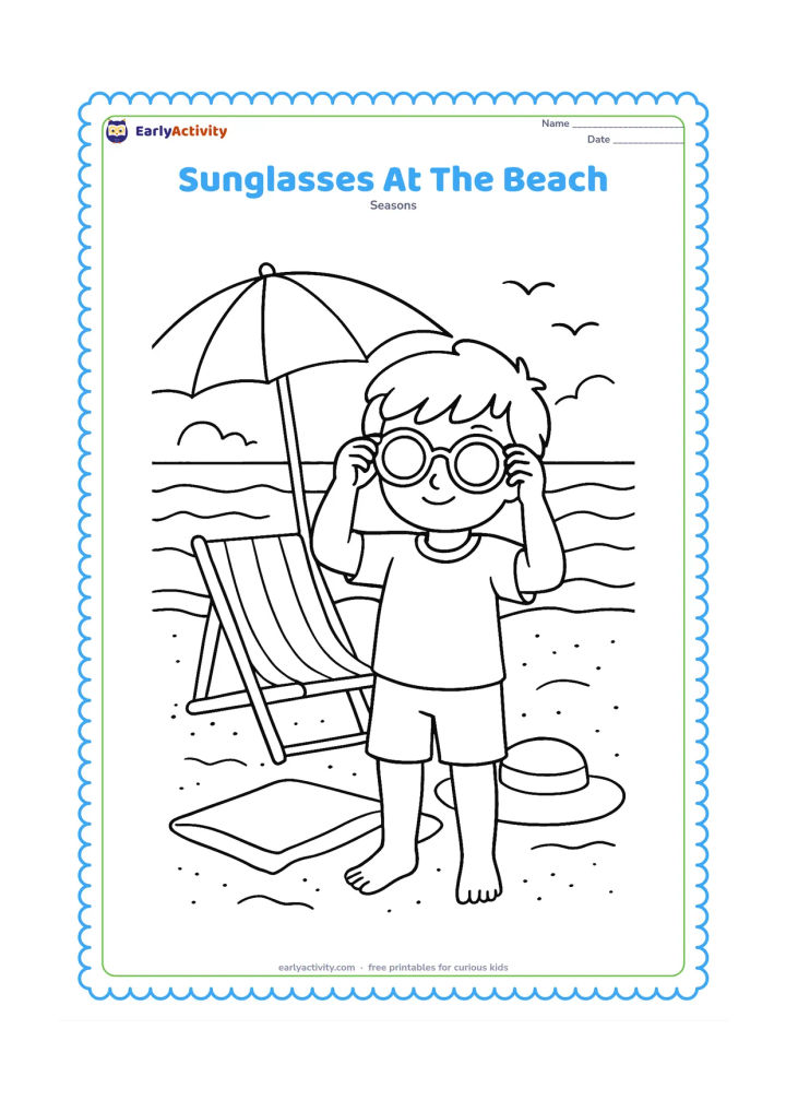 Colouring page: A child adjusts round sunglasses while standing near a beach chair, towel and sunhat, with layered waves, a parasol and distant seabirds behind.