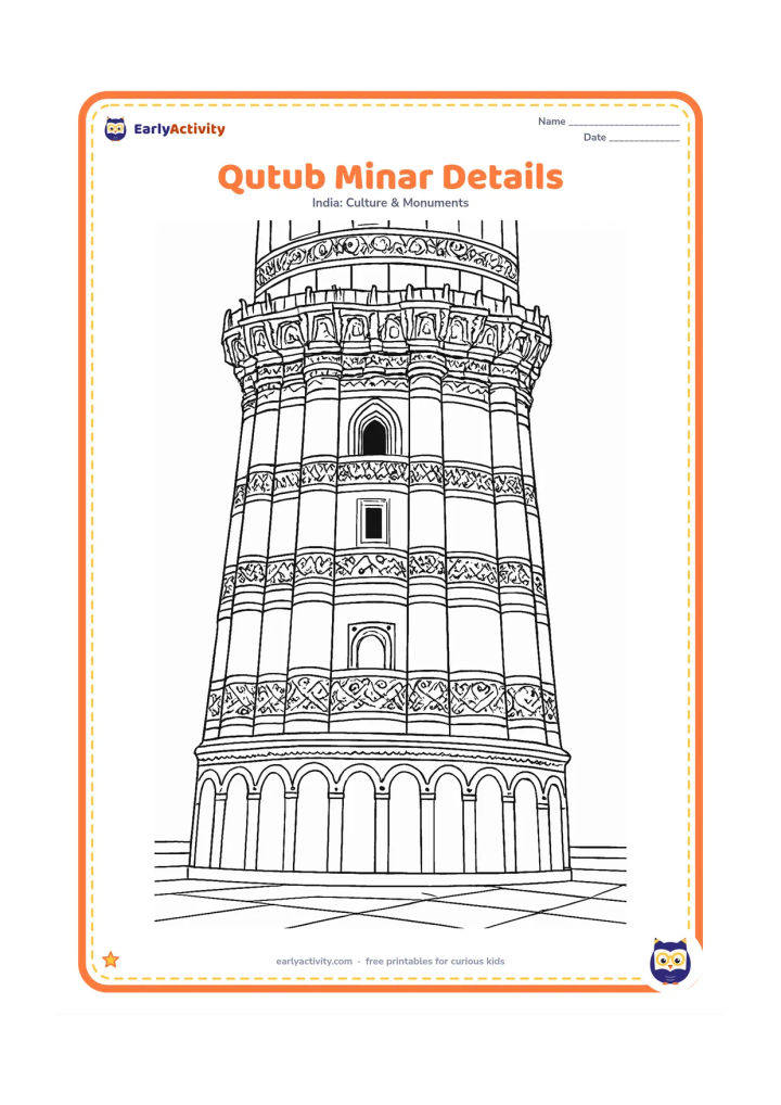 Colouring page: Draw a close, carefully framed view of Qutub Minar's lower and middle storeys, showing alternating fluted surfaces, carved bands, arched openings, and two projecting balconies. Include a…