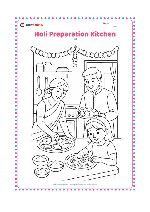 Colouring page: A family prepares for Holi in an Indian kitchen, with adults arranging gujiya and laddus, a child decorating a plate with flowers, and bowls of gulal on a nearby table. Include shelves,…