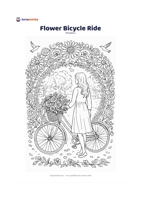 Colouring page: Place a bicycle with a front basket overflowing with flowers at the centre of a floral mandala made from daisies, roses, leaves and vines. Show a person standing beside the bicycle, a…