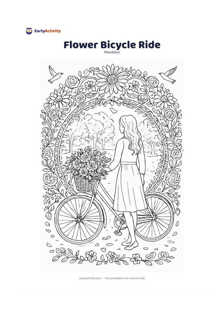Colouring page: Place a bicycle with a front basket overflowing with flowers at the centre of a floral mandala made from daisies, roses, leaves and vines. Show a person standing beside the bicycle, a…