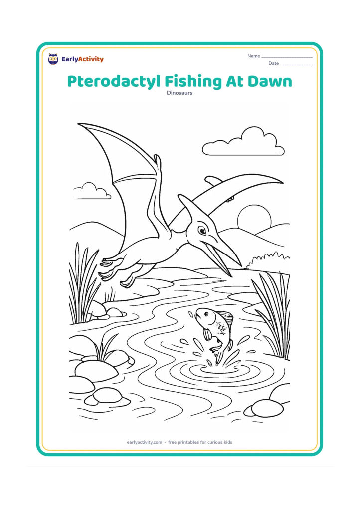 Colouring page: Draw a pterodactyl swooping toward a river to catch a small fish, with detailed ripples, reeds, smooth stones, misty hills and a pale sunrise behind it.