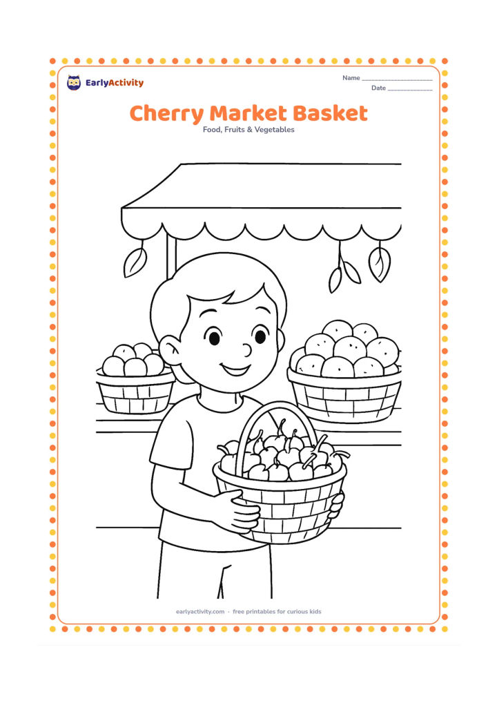 Colouring page: Draw a child holding a woven basket of cherries at an Indian fruit market stall, with a canopy, baskets and a few hanging leaves in the background.
