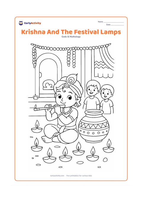 Colouring page: Draw Krishna sitting beside a decorated pot and playing his flute in a courtyard at evening. Add rows of simple oil lamps, flower garlands, a doorway, patterned cloth, and two smiling…
