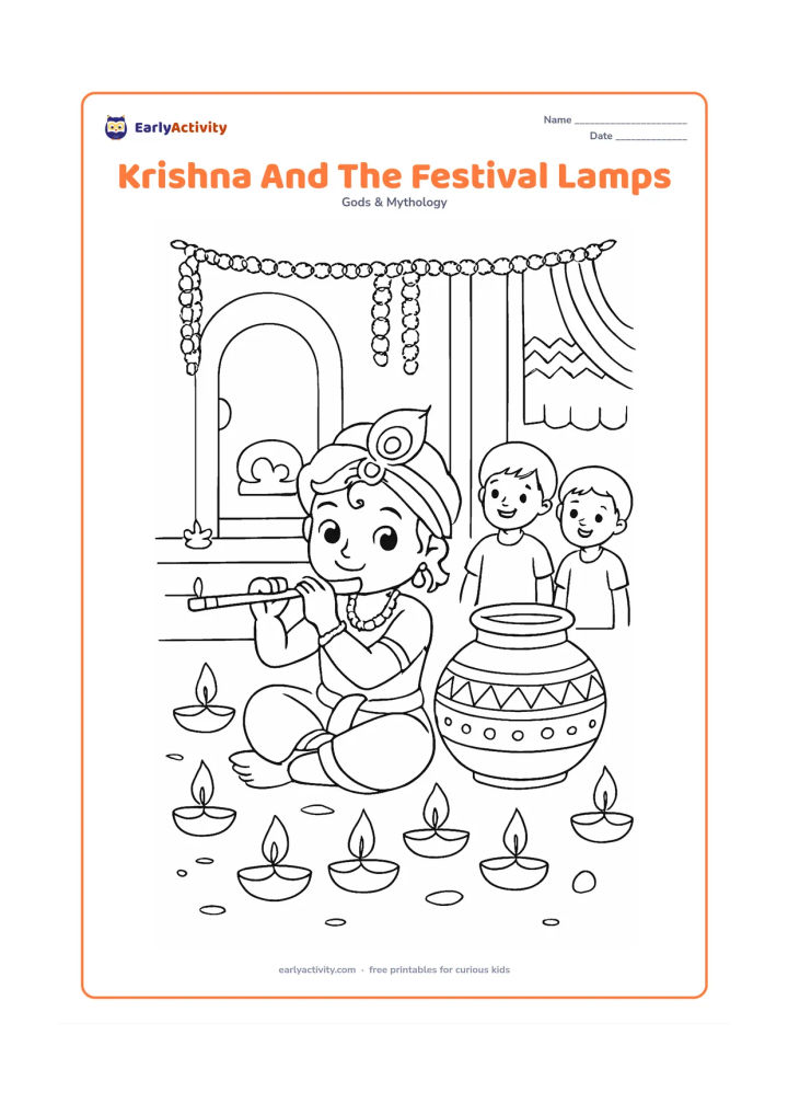 Colouring page: Draw Krishna sitting beside a decorated pot and playing his flute in a courtyard at evening. Add rows of simple oil lamps, flower garlands, a doorway, patterned cloth, and two smiling…