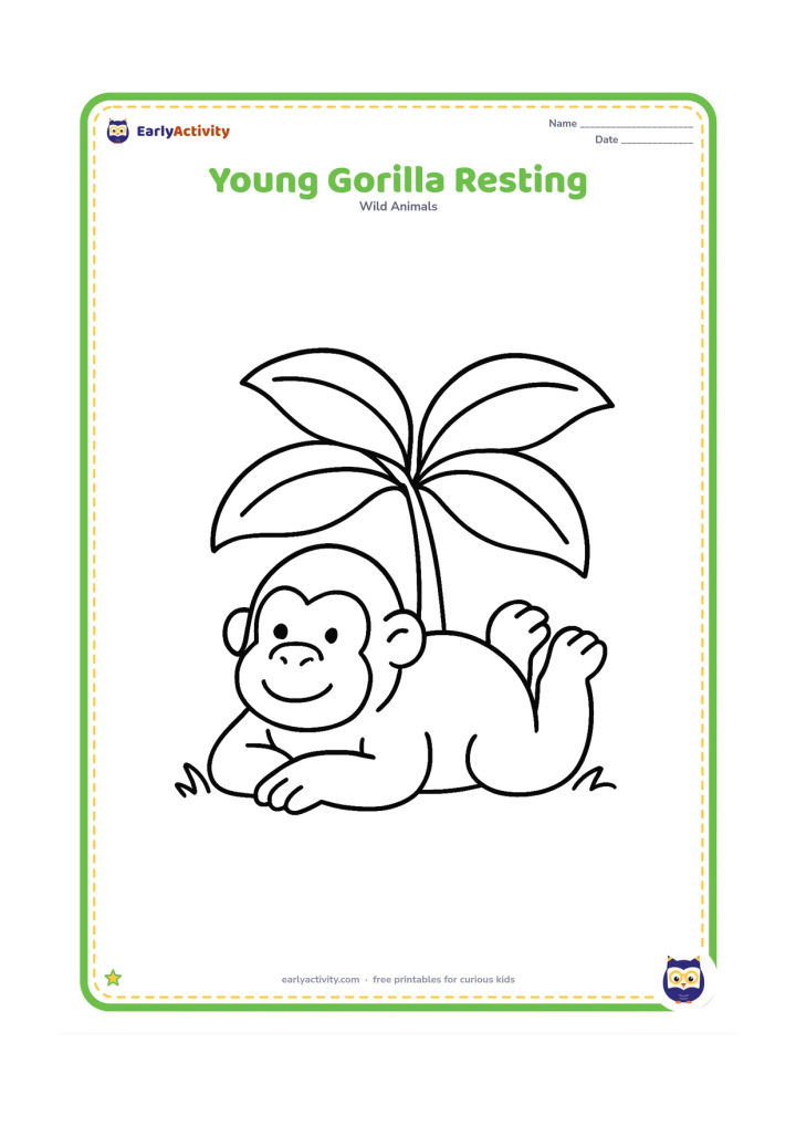Colouring page: A small gorilla lies on its tummy beneath one large leafy plant, with its head lifted and feet behind it. Use a simple patch of grass as the setting.