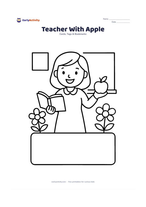 Worksheet: A smiling teacher stands holding an open book in one hand and an apple in the other, with two large flowers and a wide blank panel beneath the scene for a child's message. Use only…