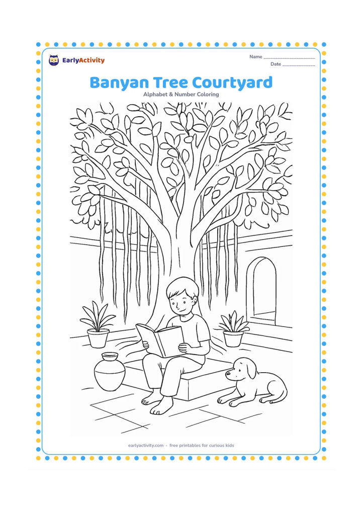 Colouring page: Draw a broad banyan tree in an Indian courtyard with a child sitting on a low platform reading a completely blank open book. Include hanging roots, potted plants, a water pot and a quiet…
