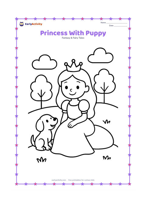 Colouring page: Draw a princess sitting on a grassy hill while a friendly puppy looks up at her. Add a large cushion, two trees, and a few round clouds in the background.