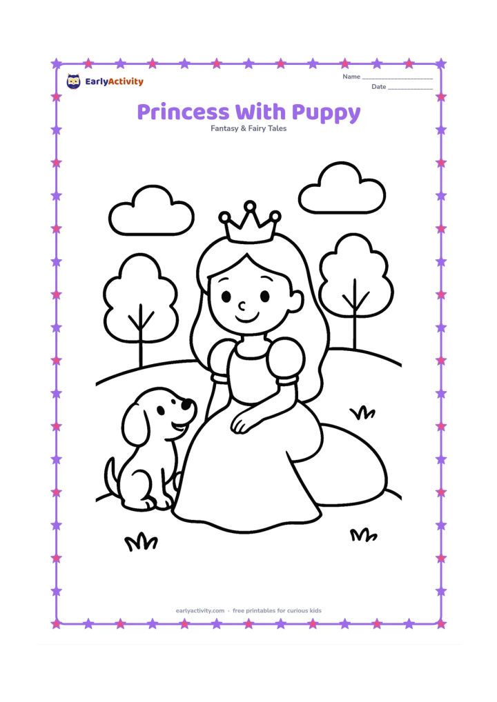 Colouring page: Draw a princess sitting on a grassy hill while a friendly puppy looks up at her. Add a large cushion, two trees, and a few round clouds in the background.