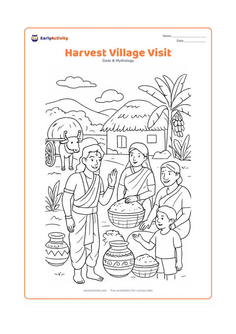 Colouring page: Ram and Sita visit an Indian village during harvest time, greeting families near baskets of grain, a bullock cart, a thatched home, banana plants, and decorated pots.