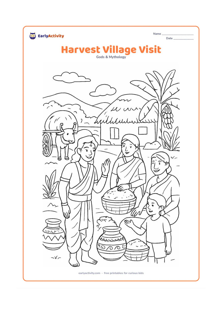 Colouring page: Ram and Sita visit an Indian village during harvest time, greeting families near baskets of grain, a bullock cart, a thatched home, banana plants, and decorated pots.