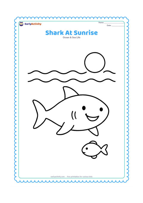 Colouring page: A smiling shark swims near the surface beneath a rising sun, with simple waves above and one small fish below. The sun should be a plain circle without any facial features.