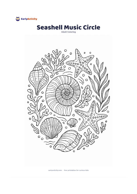 Colouring page: Several seashells, coral pieces, starfish and seaweed are arranged in a circular composition around a central spiral shell, with small bubbles and wave lines between the objects. The…