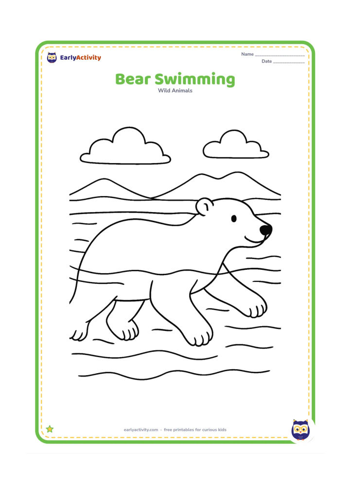 Colouring page: A polar bear swims through cold Arctic water, shown in side view with its head above the surface, broad paws underwater and several curved water lines.