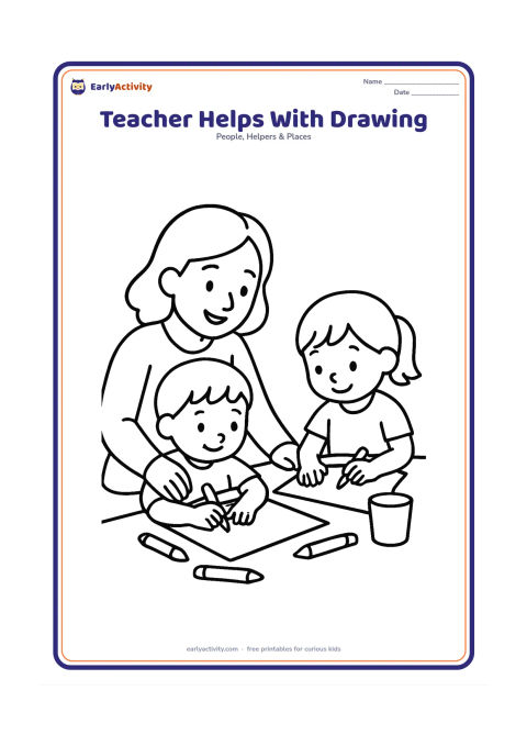 Colouring page: A teacher kneels beside a child at a table and gently guides the child's hand toward a large sheet of paper. Show crayons without labels, a cup and a second child drawing nearby.