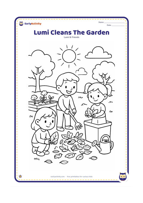Colouring page: Lumi and two classmates collect fallen leaves with a small rake and place them in a compost container beside the school garden. Add vegetable beds, a watering can, trees and a sunny sky.