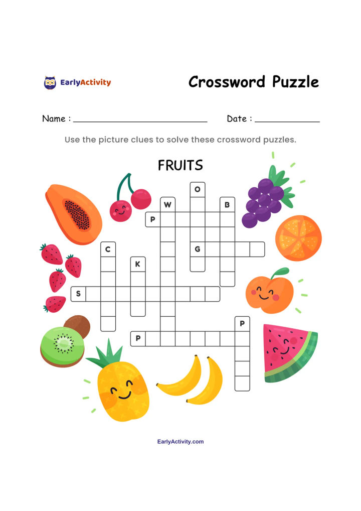 Crossword worksheet with a fruit theme, showing a blank grid, clue letters, and pictures of cherries, grapes, oranges, bananas, kiwi, pineapple, watermelon and other fruit.