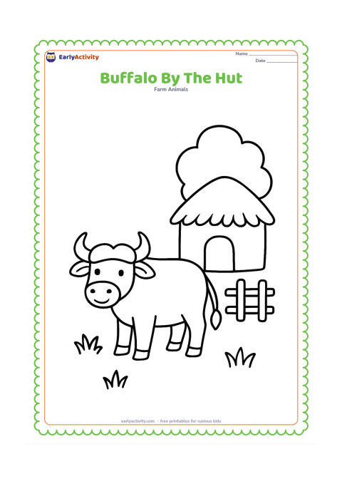Colouring page: Draw one buffalo beside a small Indian farm hut with a thatched roof, a doorway and a short fence. Add a few grass tufts and a round tree in the background.