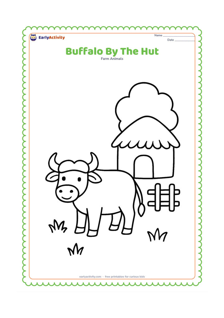 Colouring page: Draw one buffalo beside a small Indian farm hut with a thatched roof, a doorway and a short fence. Add a few grass tufts and a round tree in the background.