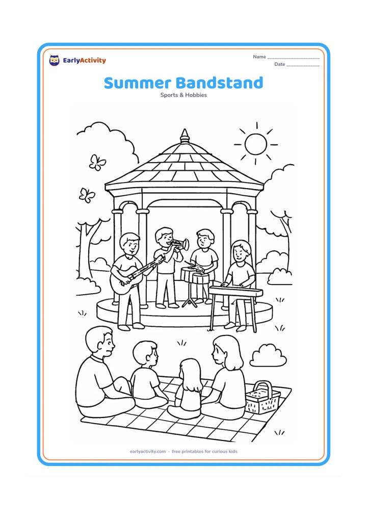 Colouring page: A small outdoor band performs at a park bandstand on a sunny summer afternoon: guitar, trumpet, snare drum and keyboard. Show families on picnic blankets, trees and butterflies.