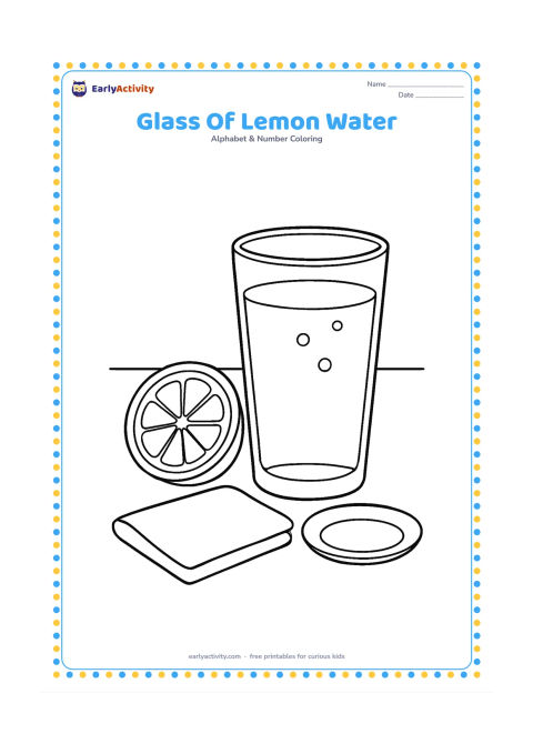 Colouring page: A tall glass of lemon water sits on a kitchen table beside a lemon half, a simple cloth napkin, and a small plate. Show a few bubbles inside the glass.