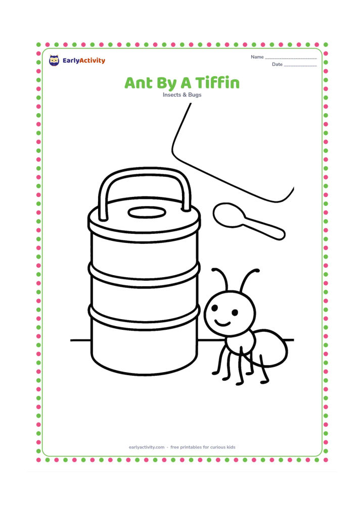 Colouring page: Draw a small ant beside a plain stainless-steel Indian school tiffin on a simple floor or tabletop, with the ant looking toward it. Include only a few large background shapes, such as a…
