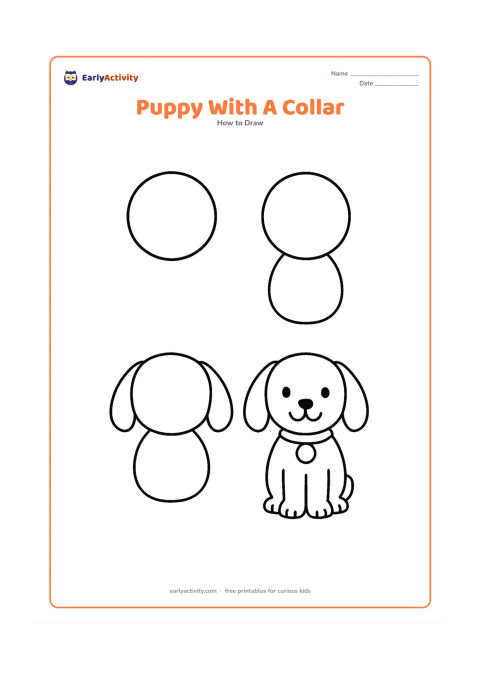 Worksheet: Show blank, unlabeled stages that build a front-facing puppy from a circle and ovals, then add long ears, a smiling face and a plain collar with a round tag. Do not put any mark or…
