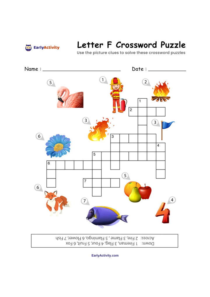 Worksheet with a crossword puzzle and picture clues including a flamingo, firefighter, fire, flag, flowers, fox, fish, fruit and the number 4.