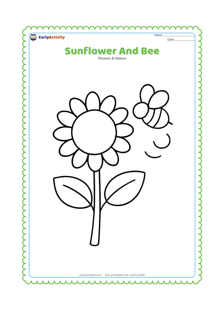Colouring page: A large sunflower stands upright while one friendly bee flies beside a petal, with a few simple curved flight marks. The bee must have no facial details or text.