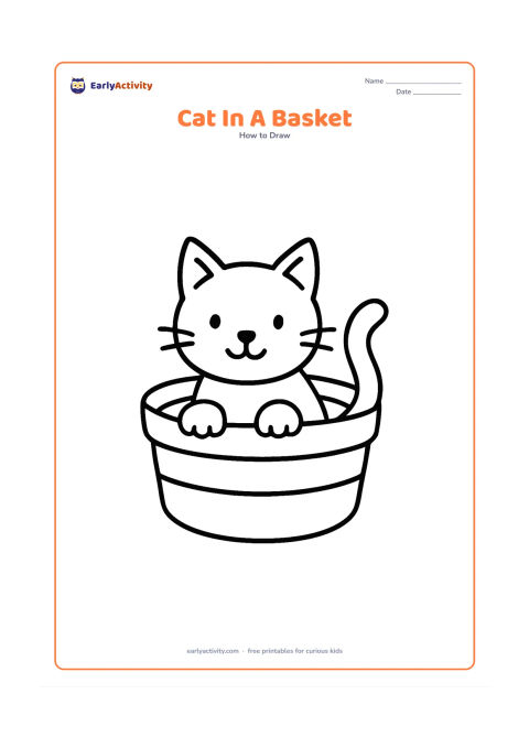 Worksheet: Draw a cat sitting inside a large round basket, with its head and front paws above the rim, pointed ears, and a tail curling over one side. Add two simple basket bands.