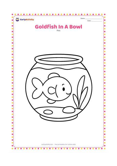 Colouring page: Draw one rounded goldfish inside a large, simple fishbowl with a low water line, two smooth stones and one broad aquatic plant. Keep the bowl shape clear and open.