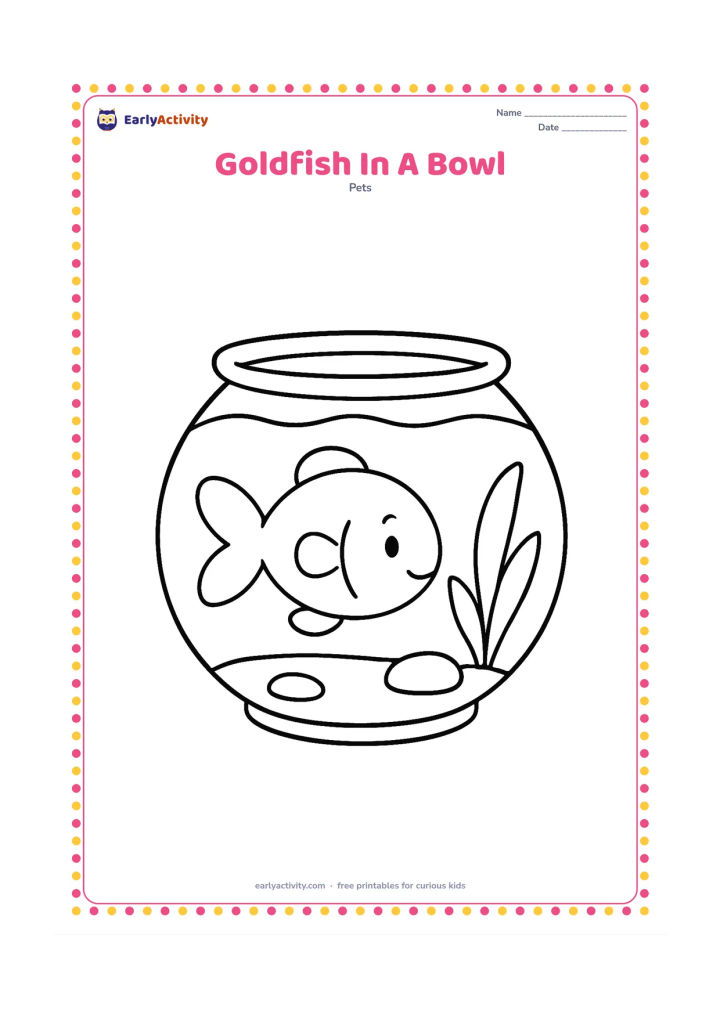 Colouring page: Draw one rounded goldfish inside a large, simple fishbowl with a low water line, two smooth stones and one broad aquatic plant. Keep the bowl shape clear and open.
