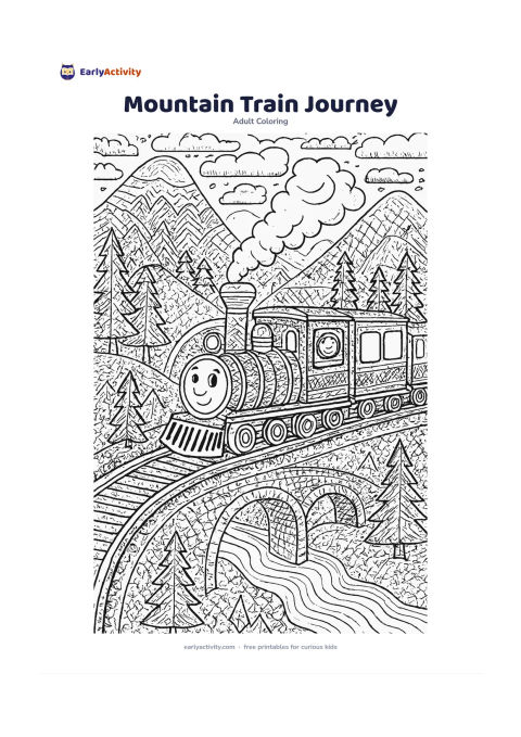 Colouring page: A cheerful train travels around a curved mountain track, with a person visible through one window, pine trees, layered hills, a bridge and a winding river. Divide the train cars, bridge,…