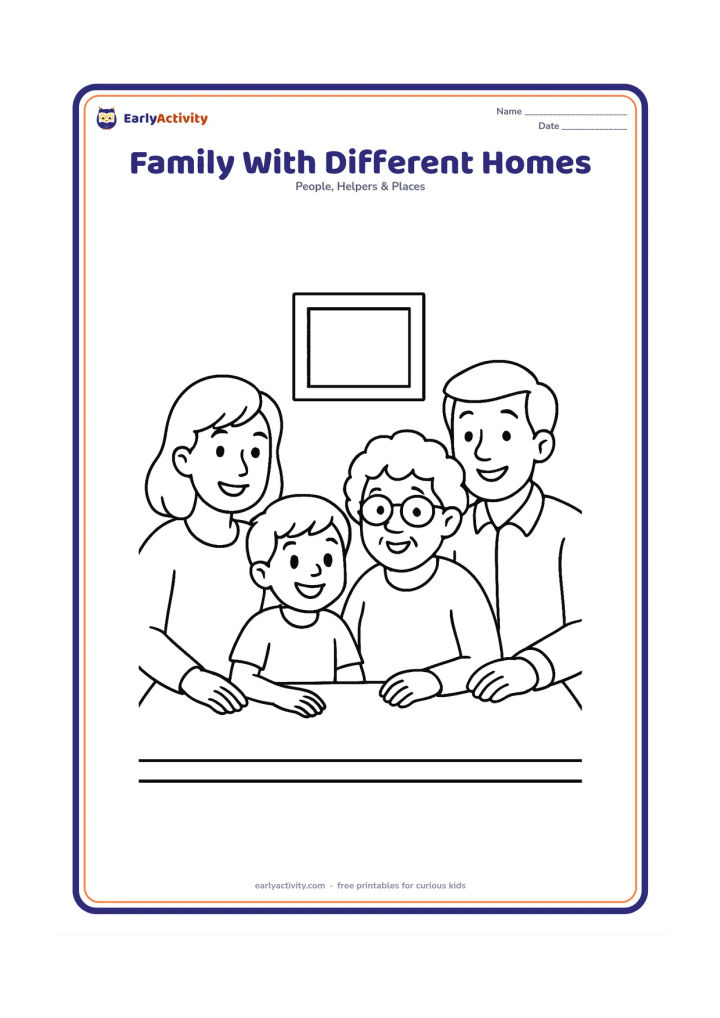 Colouring page: Show a welcoming group of family members of different ages gathered around a table, including a parent, grandparent, child and caring adult. Add varied hairstyles, clothing and a family…