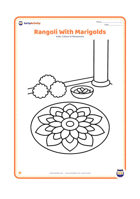 Colouring page: Show a bold flower rangoli beside a small pile of large marigold blossoms and a simple shallow bowl of petals. Place everything on a veranda floor with one plain pillar.