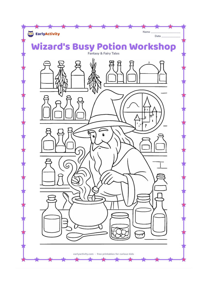 Colouring page: A wizard carefully combines ingredients at a crowded workshop bench with a cauldron, funnels, jars, herbs, ladles, corks and curling pretend vapour. Fill the background with shelves of…