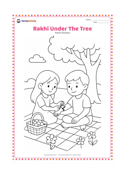 Colouring page: A family picnic scene shows a child tying a rakhi on a sibling beneath a broad tree. Add a picnic mat, a basket with sweets, a few flowers and a calm afternoon sky.