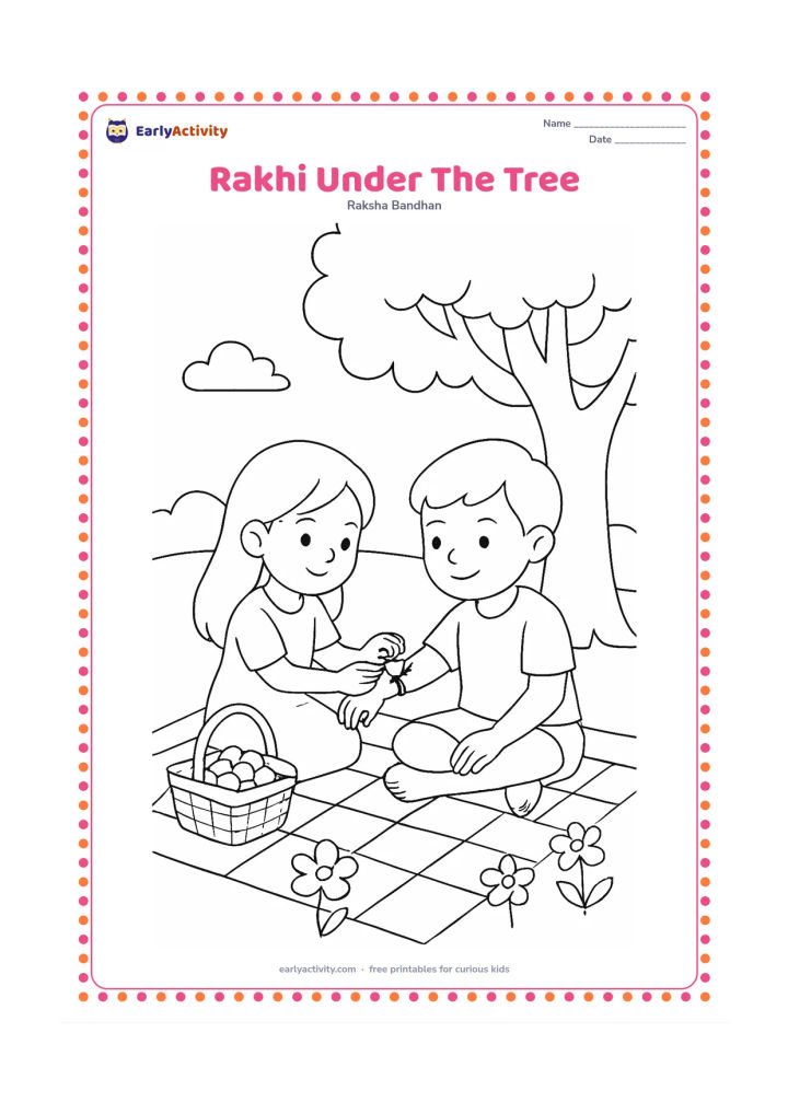 Colouring page: A family picnic scene shows a child tying a rakhi on a sibling beneath a broad tree. Add a picnic mat, a basket with sweets, a few flowers and a calm afternoon sky.