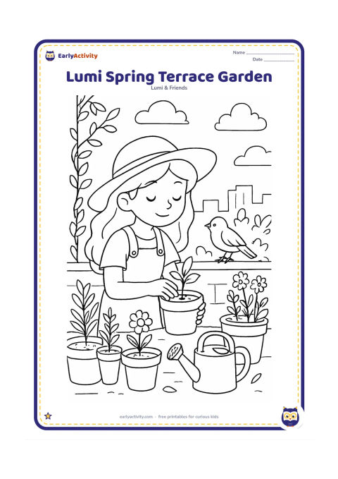 Colouring page: Lumi tends a rooftop garden in spring, planting a seedling in a pot while a sparrow watches. Include rows of pots with herbs and flowers, a watering can, a low city skyline, clouds and…