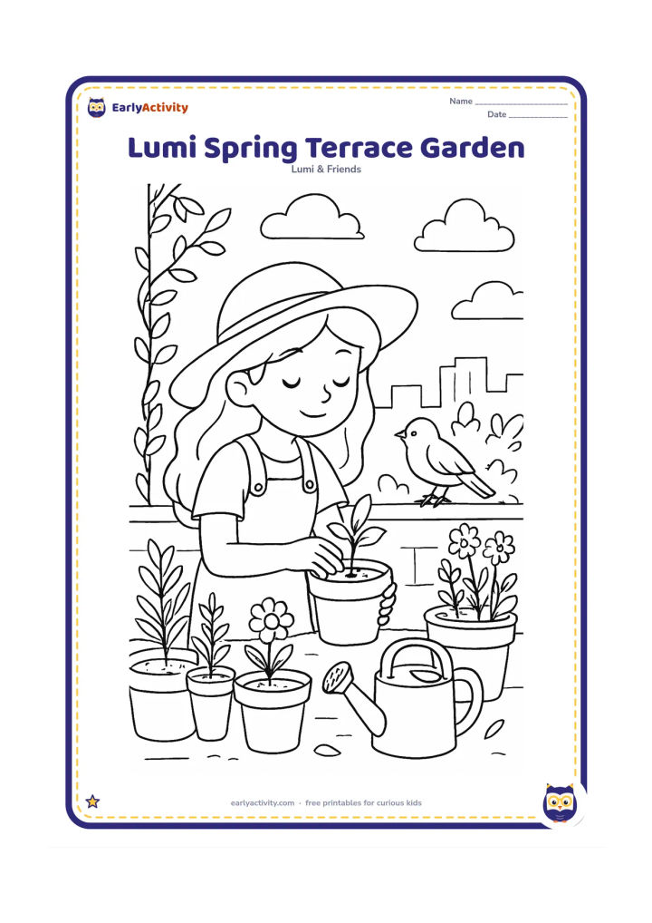 Colouring page: Lumi tends a rooftop garden in spring, planting a seedling in a pot while a sparrow watches. Include rows of pots with herbs and flowers, a watering can, a low city skyline, clouds and…