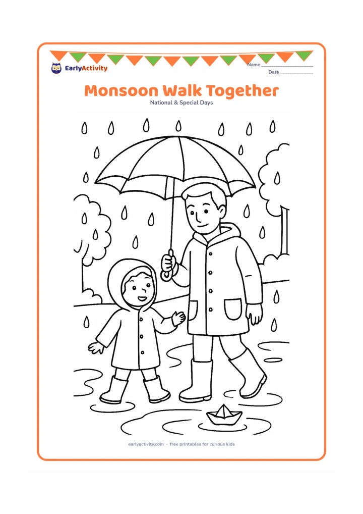 Colouring page: A father and child share a large umbrella while walking past puddles during gentle rain, wearing raincoats and boots; include a leafy street and a small paper boat.