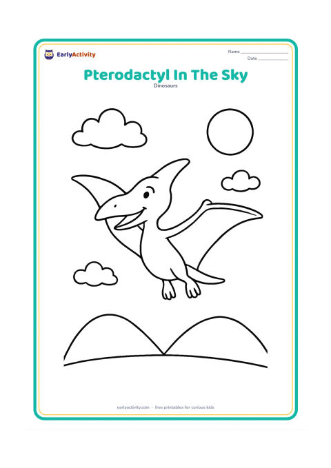 Colouring page: Draw a smiling Pterodactyl flying with wings spread across a clear sky above two rounded hills. Add three simple clouds and a distant sun.