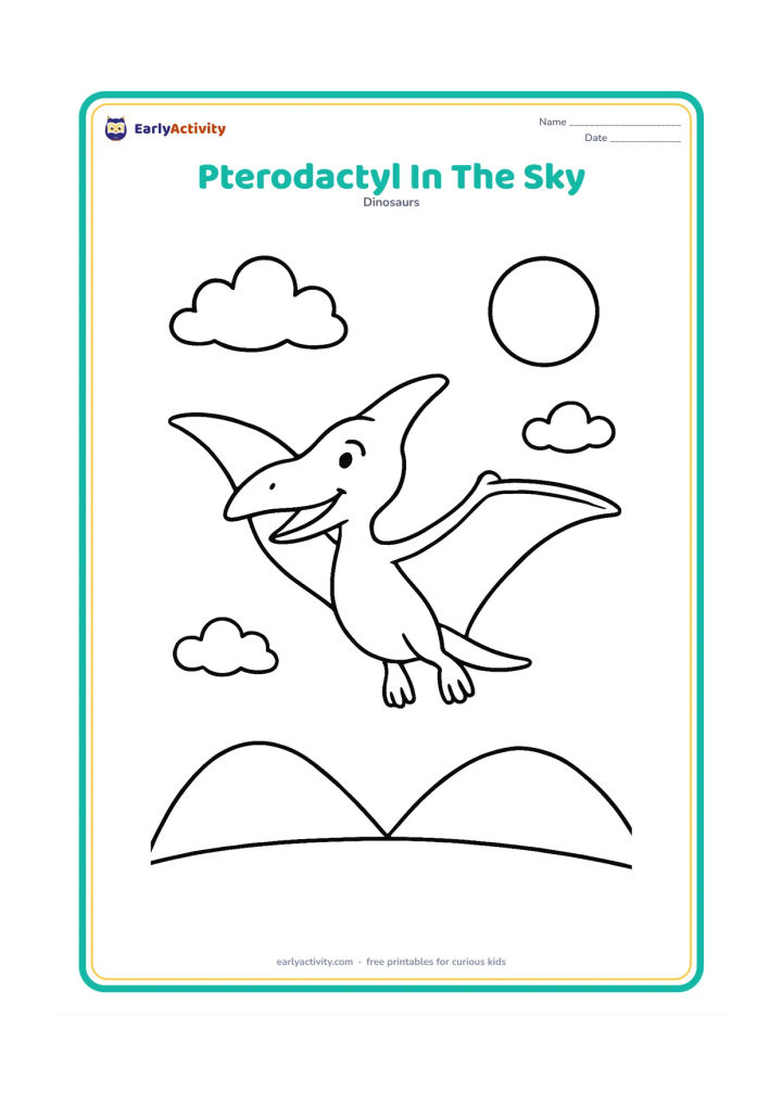 Colouring page: Draw a smiling Pterodactyl flying with wings spread across a clear sky above two rounded hills. Add three simple clouds and a distant sun.