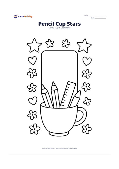 Worksheet: A cup holds pencils, crayons and a ruler, surrounded by stars, hearts and small flowers, with a large blank panel in the centre for writing. Arrange the supplies as a cheerful border…