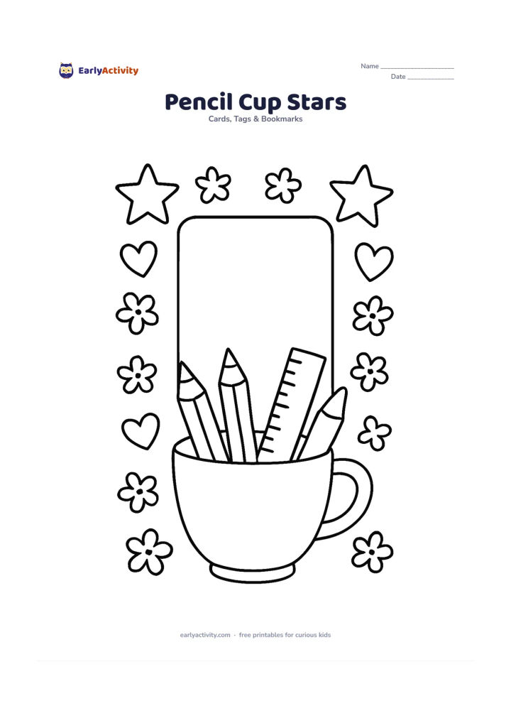 Worksheet: A cup holds pencils, crayons and a ruler, surrounded by stars, hearts and small flowers, with a large blank panel in the centre for writing. Arrange the supplies as a cheerful border…