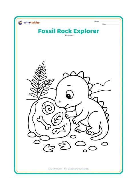 Colouring page: Draw a baby dinosaur examining a large rock containing simple fossil shapes. Surround it with layered stones, a fern, a few footprints and a low prehistoric ridge.