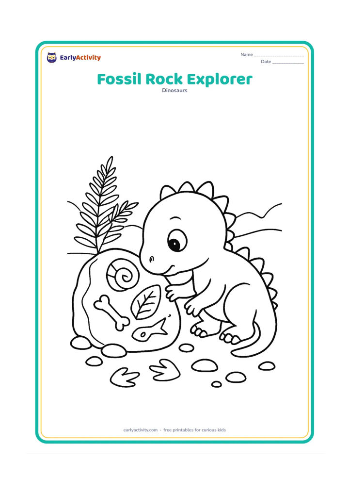 Colouring page: Draw a baby dinosaur examining a large rock containing simple fossil shapes. Surround it with layered stones, a fern, a few footprints and a low prehistoric ridge.