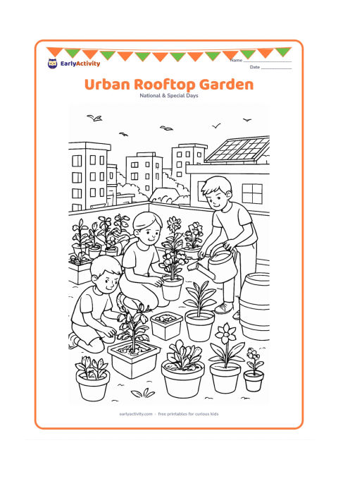 Colouring page: Draw a busy but orderly rooftop garden in an Indian city, with children tending pots of vegetables and flowers, a small compost container, a rain barrel and a row of solar panels in the…